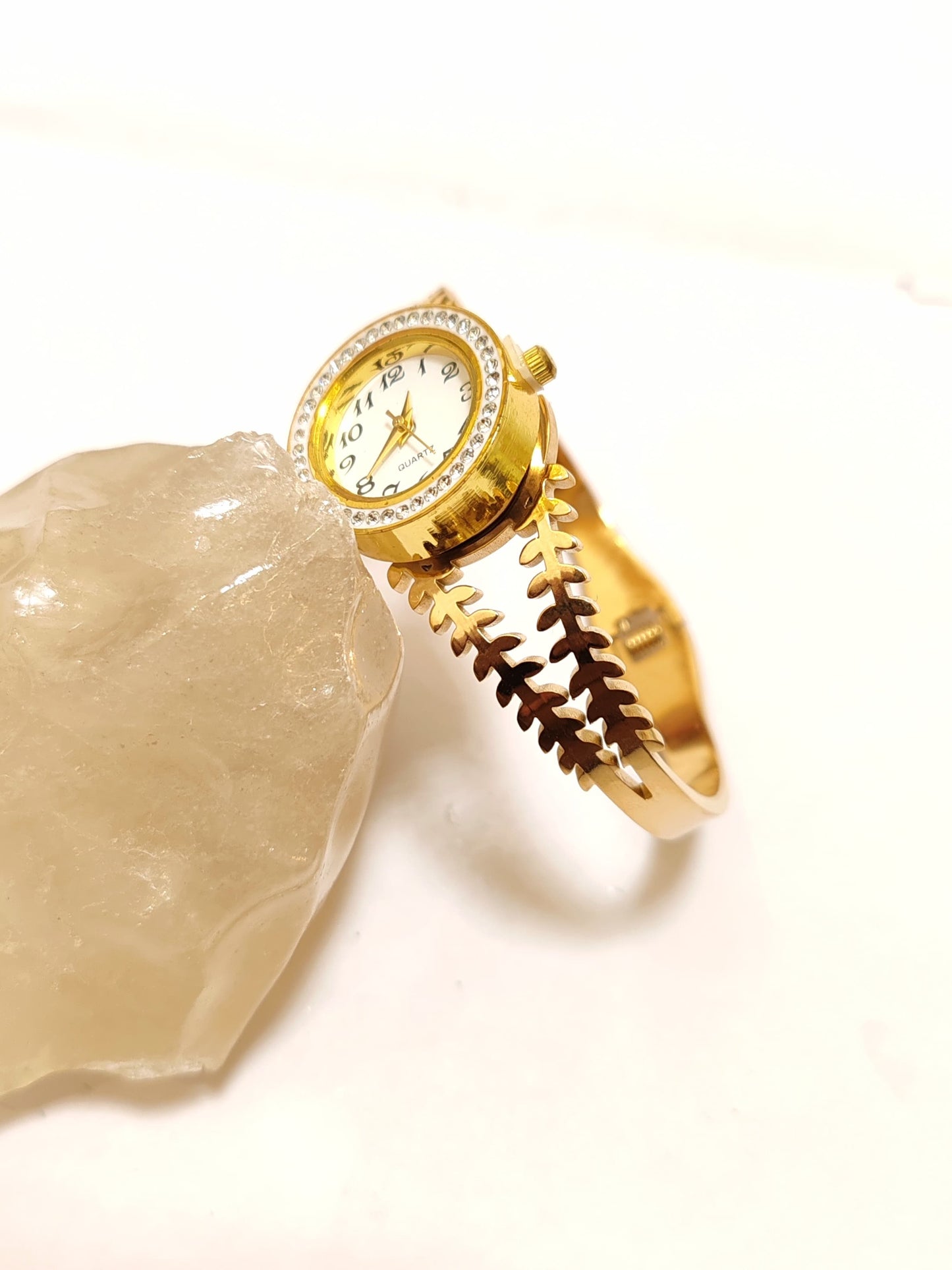 Sparkle Emporium Luxe Gold-Tone Leaf Bangle Watch with Diamond-Encrusted Bezel