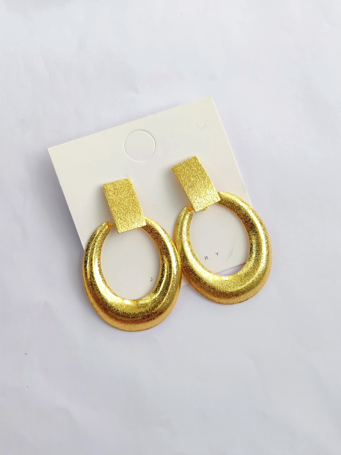 Gold Textured Oval Drop Earrings – Frosted Geometric Statement Studs