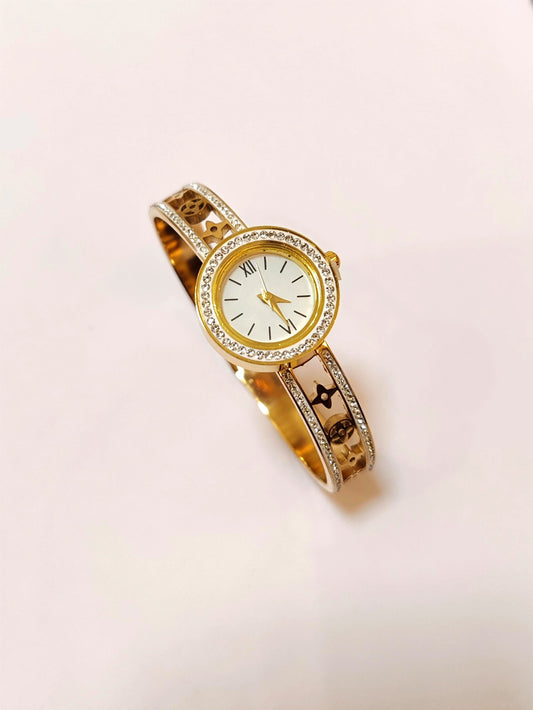 Adjustable 18K Gold Plated Stainless Steel Bangle Watch | Anti-Tarnish Crystal Bezel Timepiece