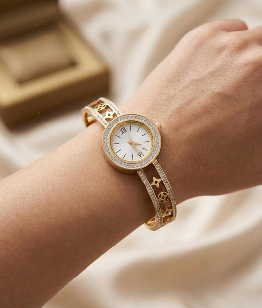 Adjustable 18K Gold Plated Stainless Steel Bangle Watch | Anti-Tarnish Crystal Bezel Timepiece