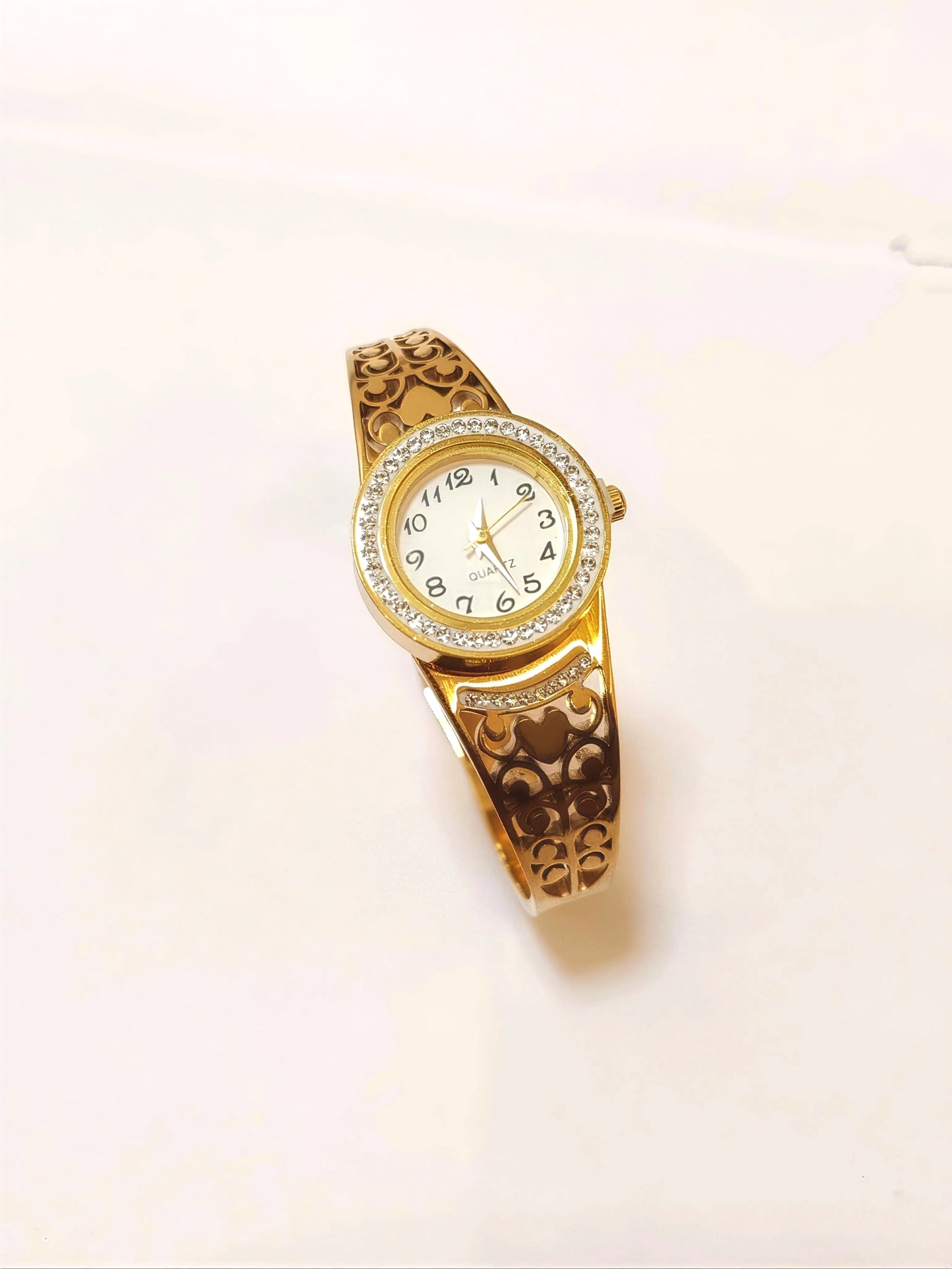 Exquisite Gold-Tone Filigree Bangle Watch with Crystal Inlay