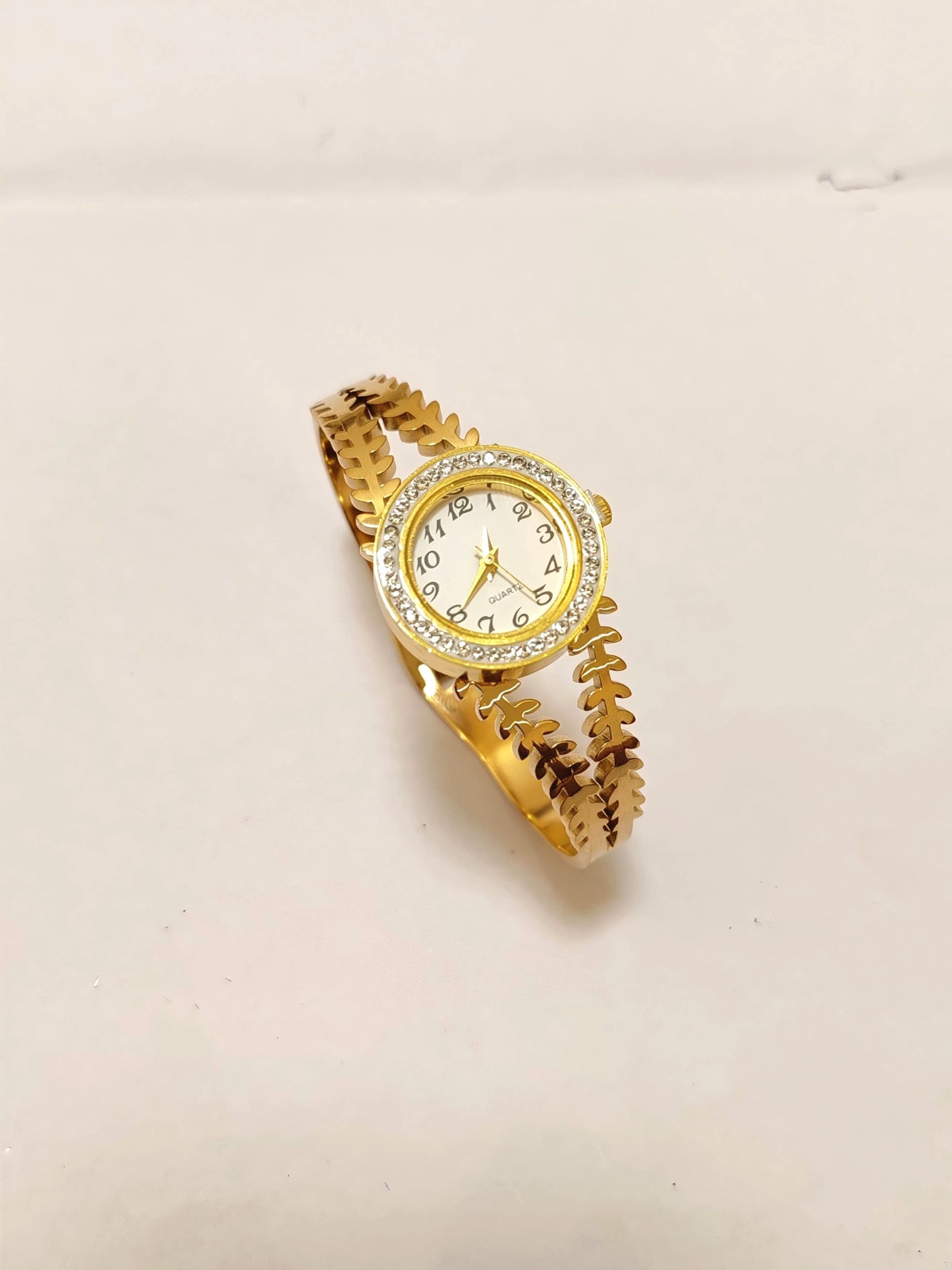 Sparkle Emporium Luxe Gold-Tone Leaf Bangle Watch with Diamond-Encrusted Bezel