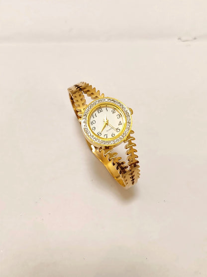 Sparkle Emporium Luxe Gold-Tone Leaf Bangle Watch with Diamond-Encrusted Bezel