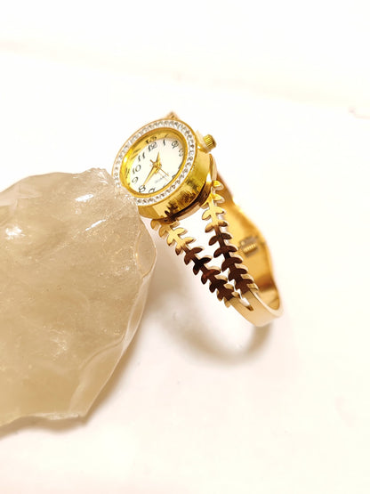 Sparkle Emporium Luxe Gold-Tone Leaf Bangle Watch with Diamond-Encrusted Bezel