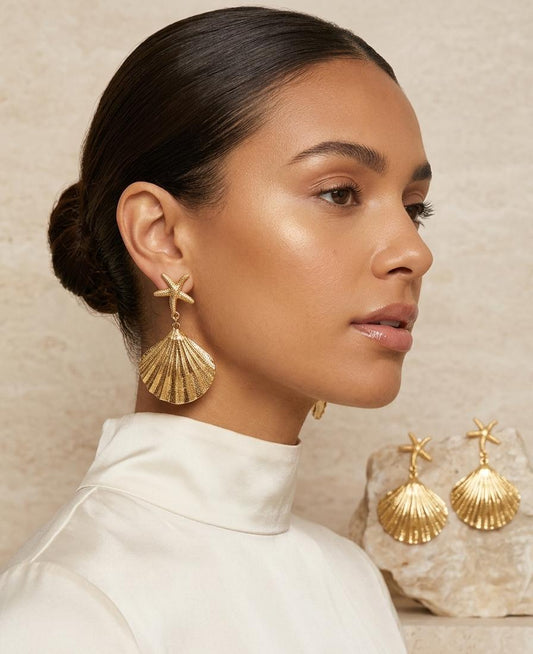 18K Gold Plated Oceanic Starfish & Scallop Drop Earrings