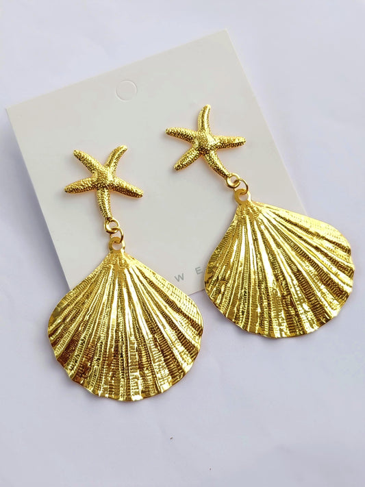18K Gold Plated Oceanic Starfish & Scallop Drop Earrings