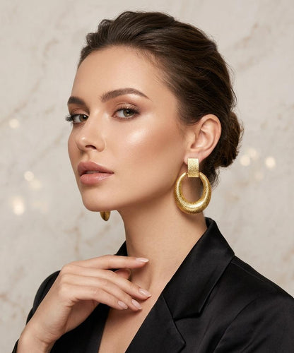 Gold Textured Oval Drop Earrings – Frosted Geometric Statement Studs