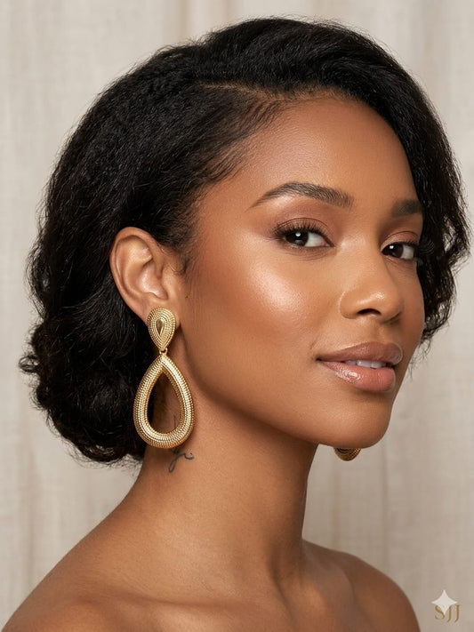 Gilded Mesh-Texture Open Teardrop Statement Hoops