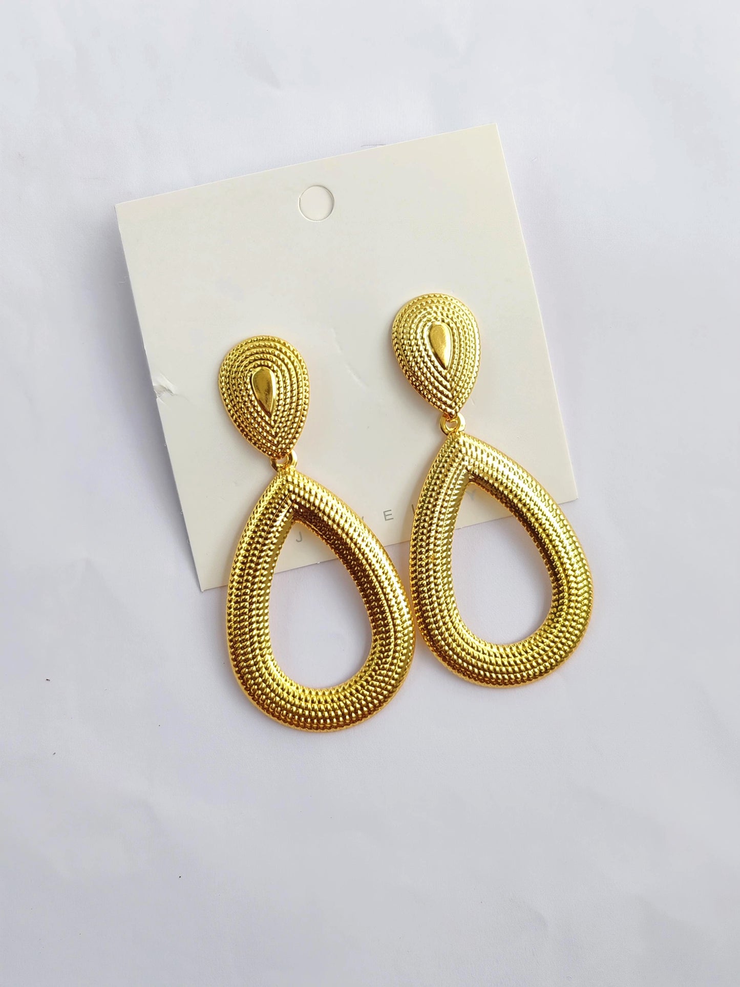 Gilded Mesh-Texture Open Teardrop Statement Hoops