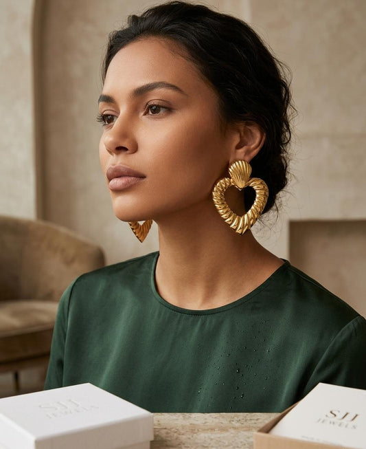 High-Shine Golden Ribbed Heart Statement Hoops
