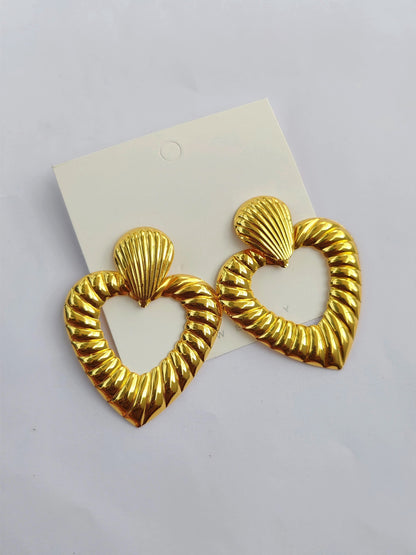 High-Shine Golden Ribbed Heart Statement Hoops