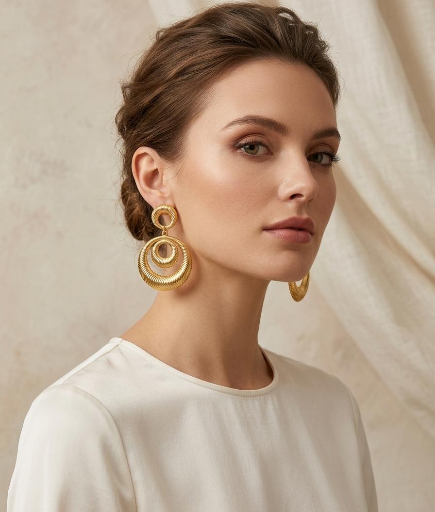 Golden Halo Ribbed Concentric Circle Earrings