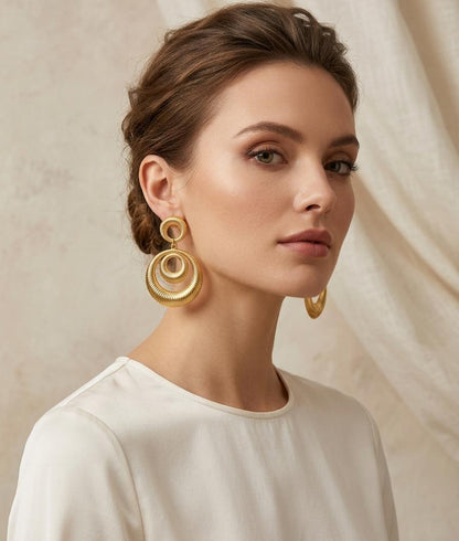 Golden Halo Ribbed Concentric Circle Earrings