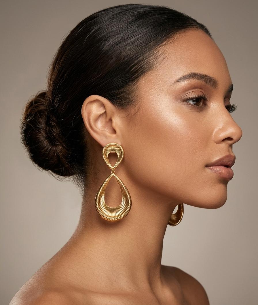 Golden Aura Ribbed Open Teardrop Earrings