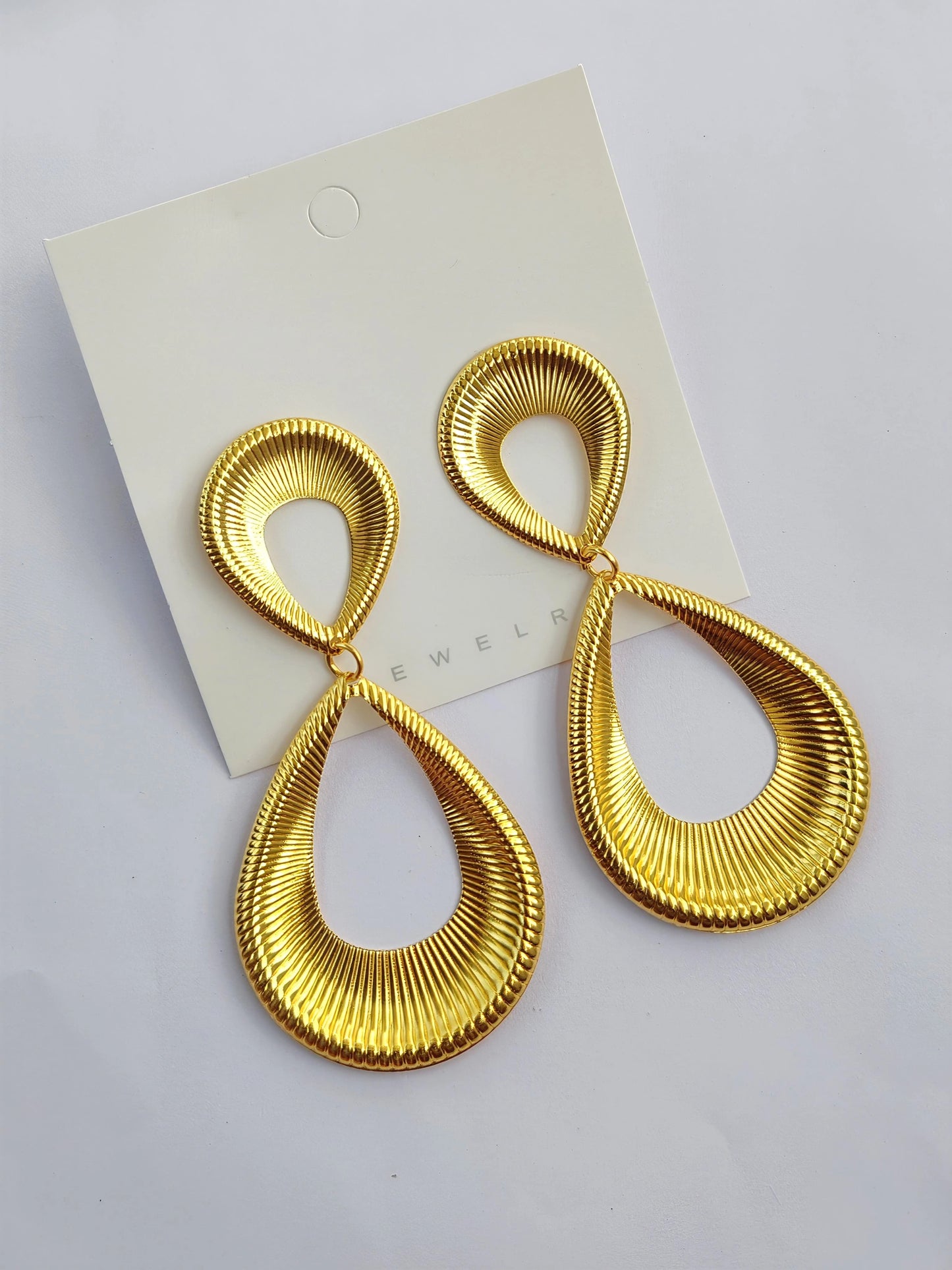 Golden Aura Ribbed Open Teardrop Earrings