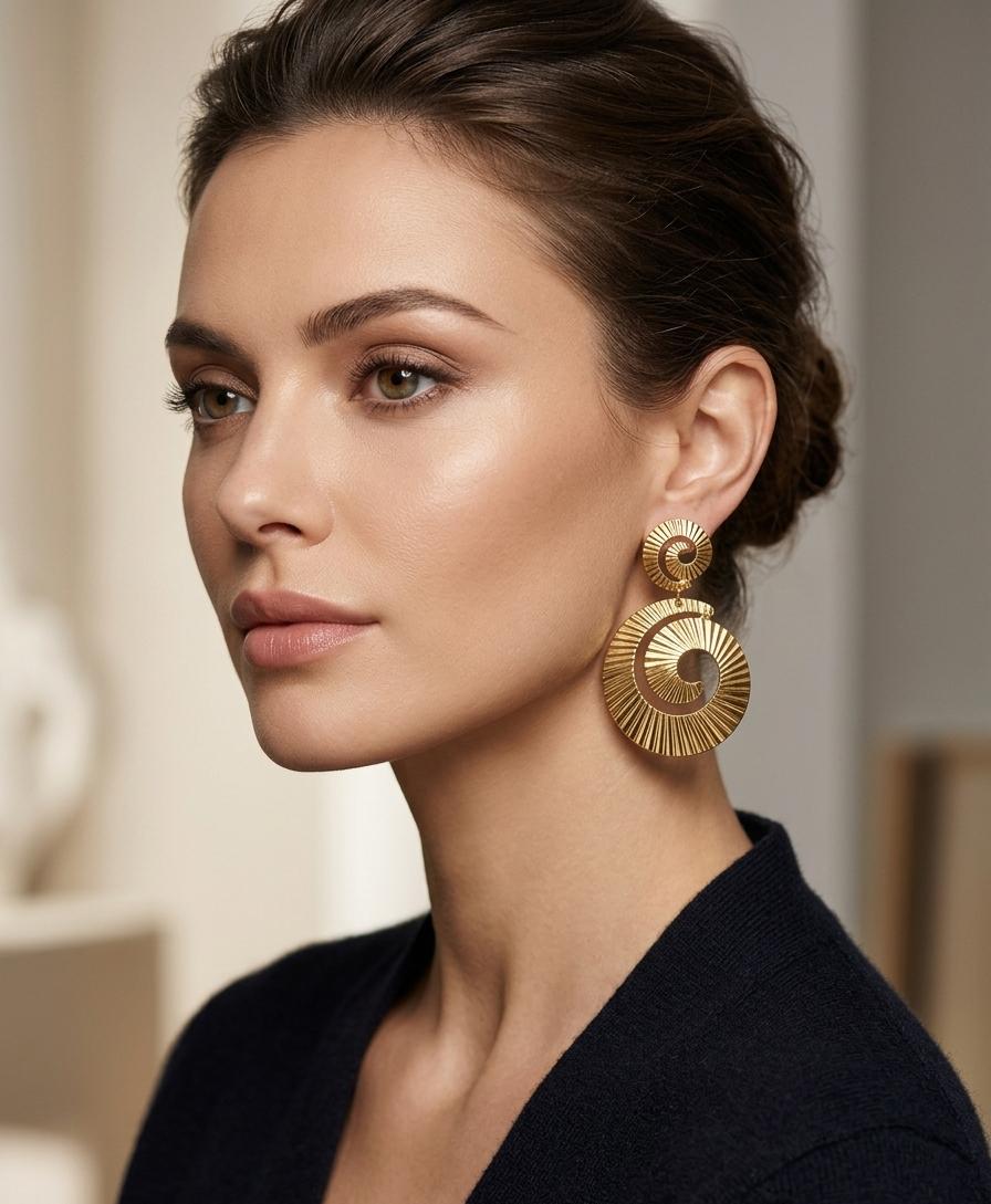 Golden Helix Ribbed Spiral Drop Earrings Descrip