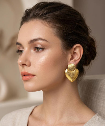 Gilded Heart Statement Studs – Textured Gold Finish