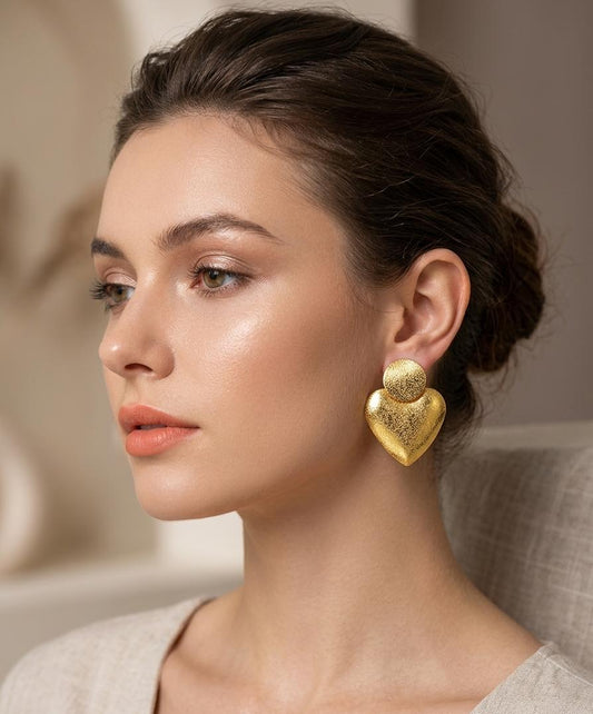 Gilded Heart Statement Studs – Textured Gold Finish