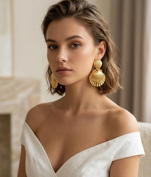 Golden Scallop Statement Drops – Polished Sea Shell Design