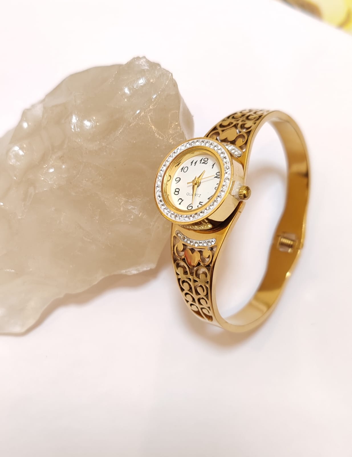 Exquisite Gold-Tone Filigree Bangle Watch with Crystal Inlay