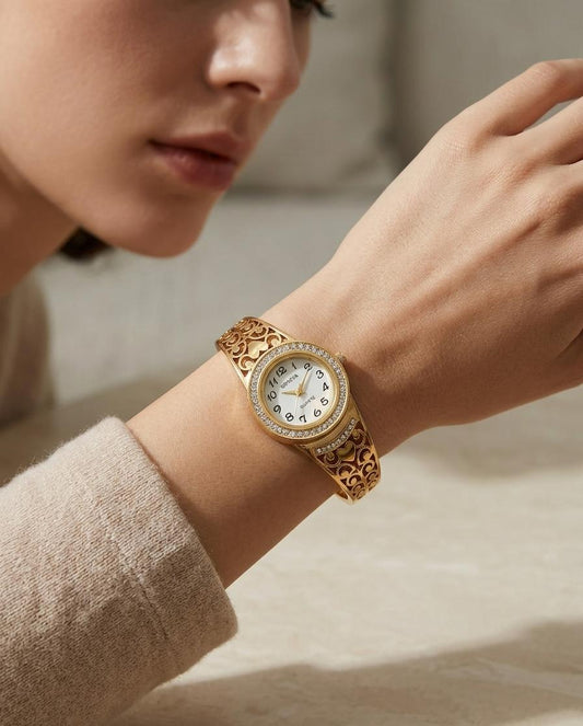 Exquisite Gold-Tone Filigree Bangle Watch with Crystal Inlay