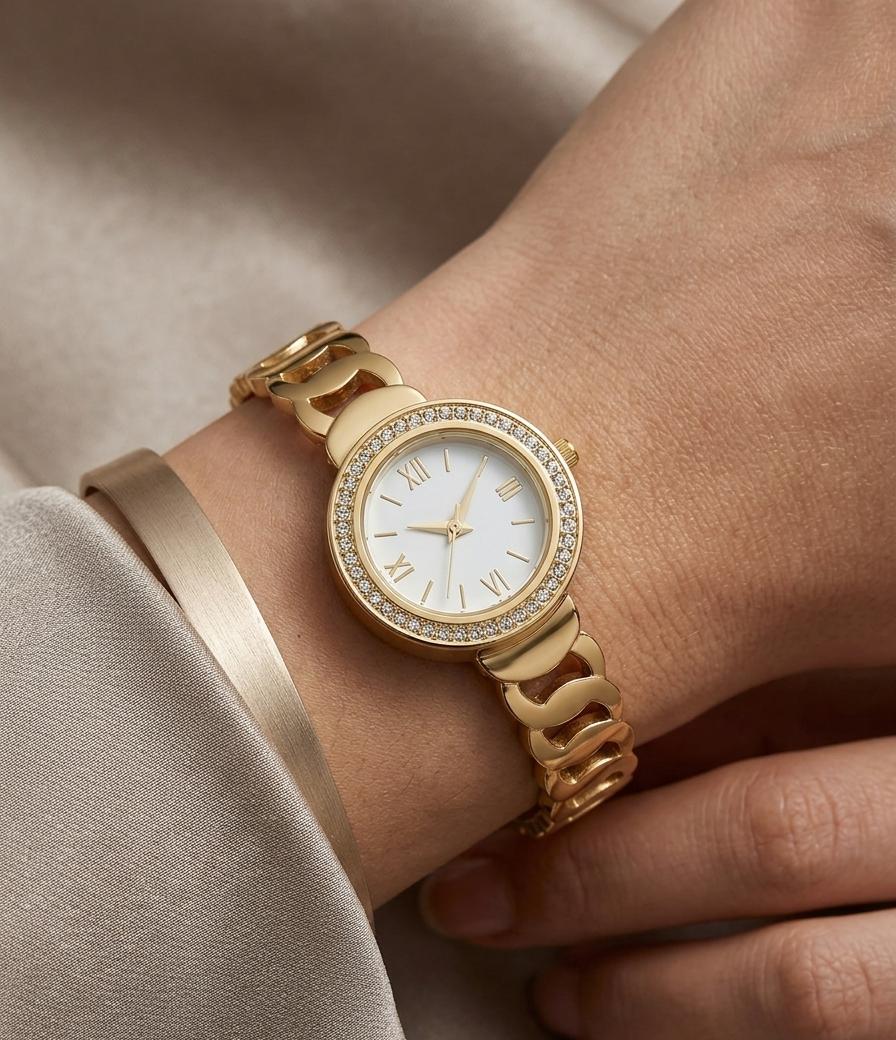 Luxe Gold Crystal-Bezel Link Watch
