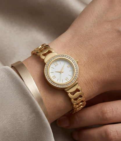 Luxe Gold Crystal-Bezel Link Watch