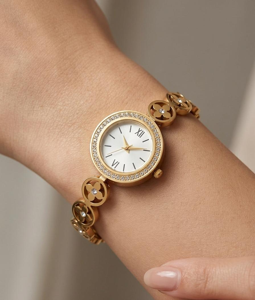 Elegance in Motion: Gold Clover Link Wristwatch