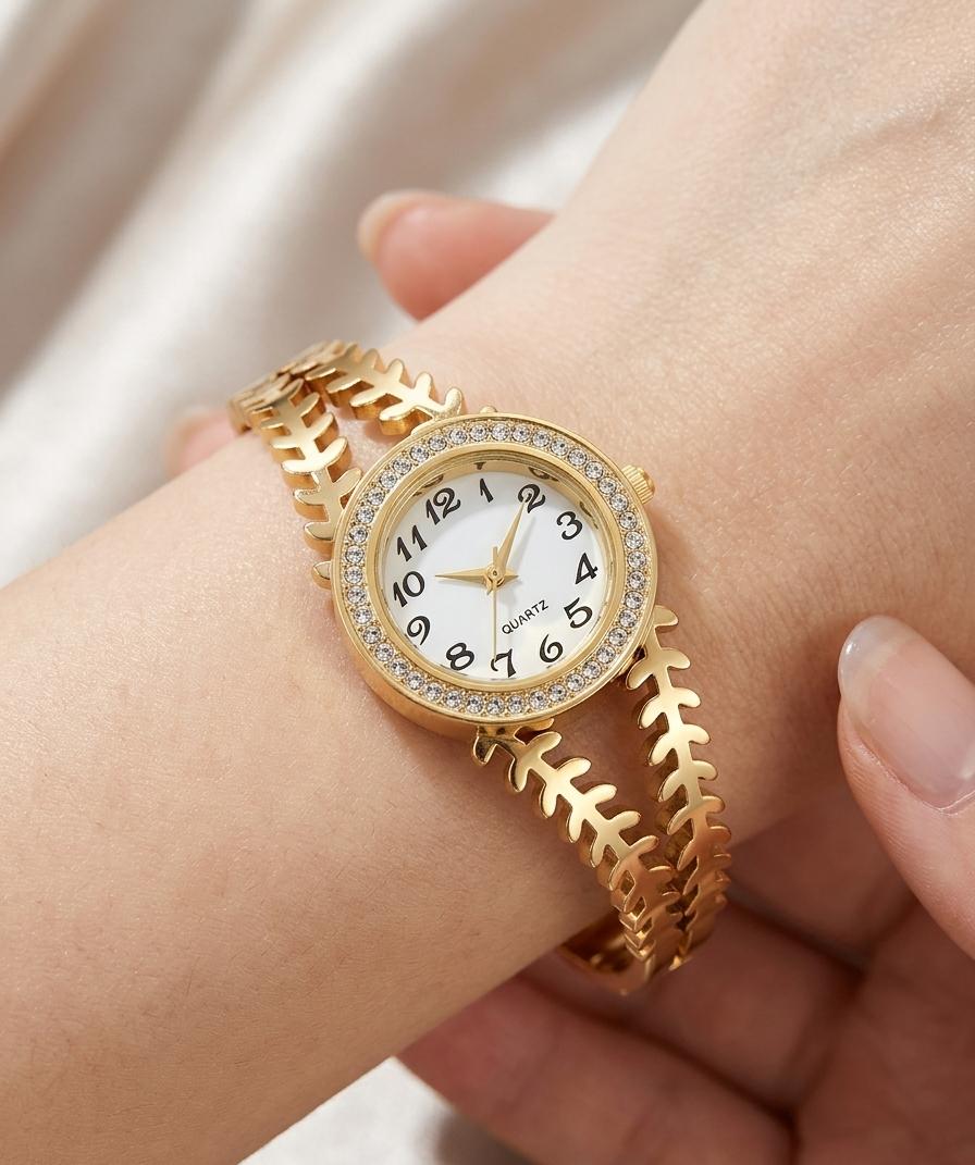 Sparkle Emporium Luxe Gold-Tone Leaf Bangle Watch with Diamond-Encrusted Bezel