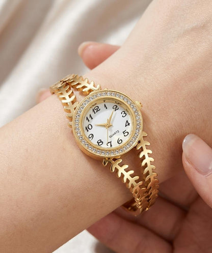 Sparkle Emporium Luxe Gold-Tone Leaf Bangle Watch with Diamond-Encrusted Bezel