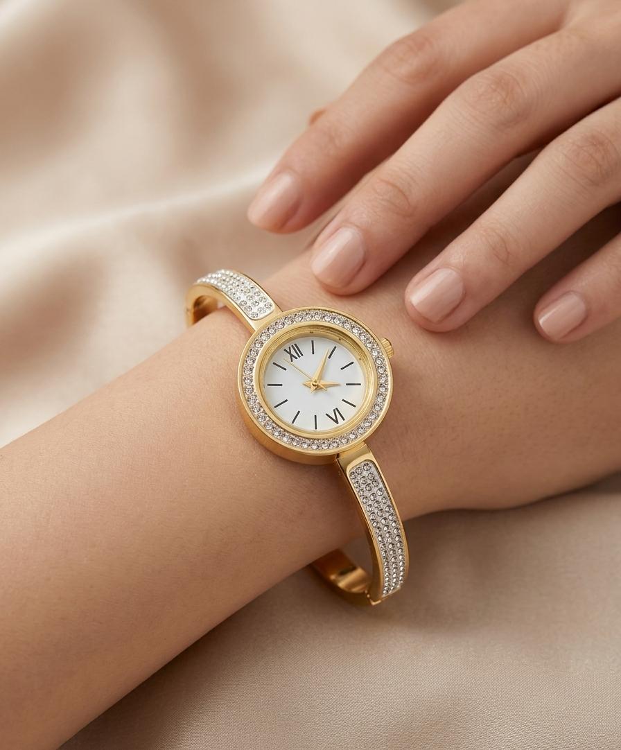 Regal Glow Gold-Plated Crystal Bangle Watch for Women – Elegant White Dial
