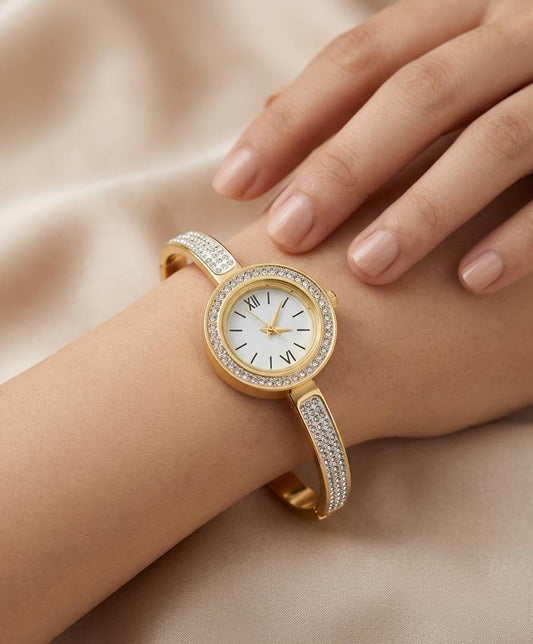 Regal Glow Gold-Plated Crystal Bangle Watch for Women – Elegant White Dial